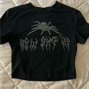 Black Crop Top with Rhinestone Spider Design